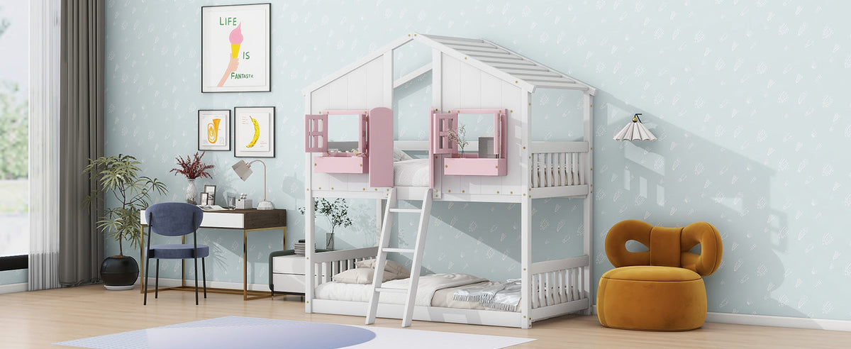 Twin Over Twin Bunk Bed for Kids with Guardrails and Ladder