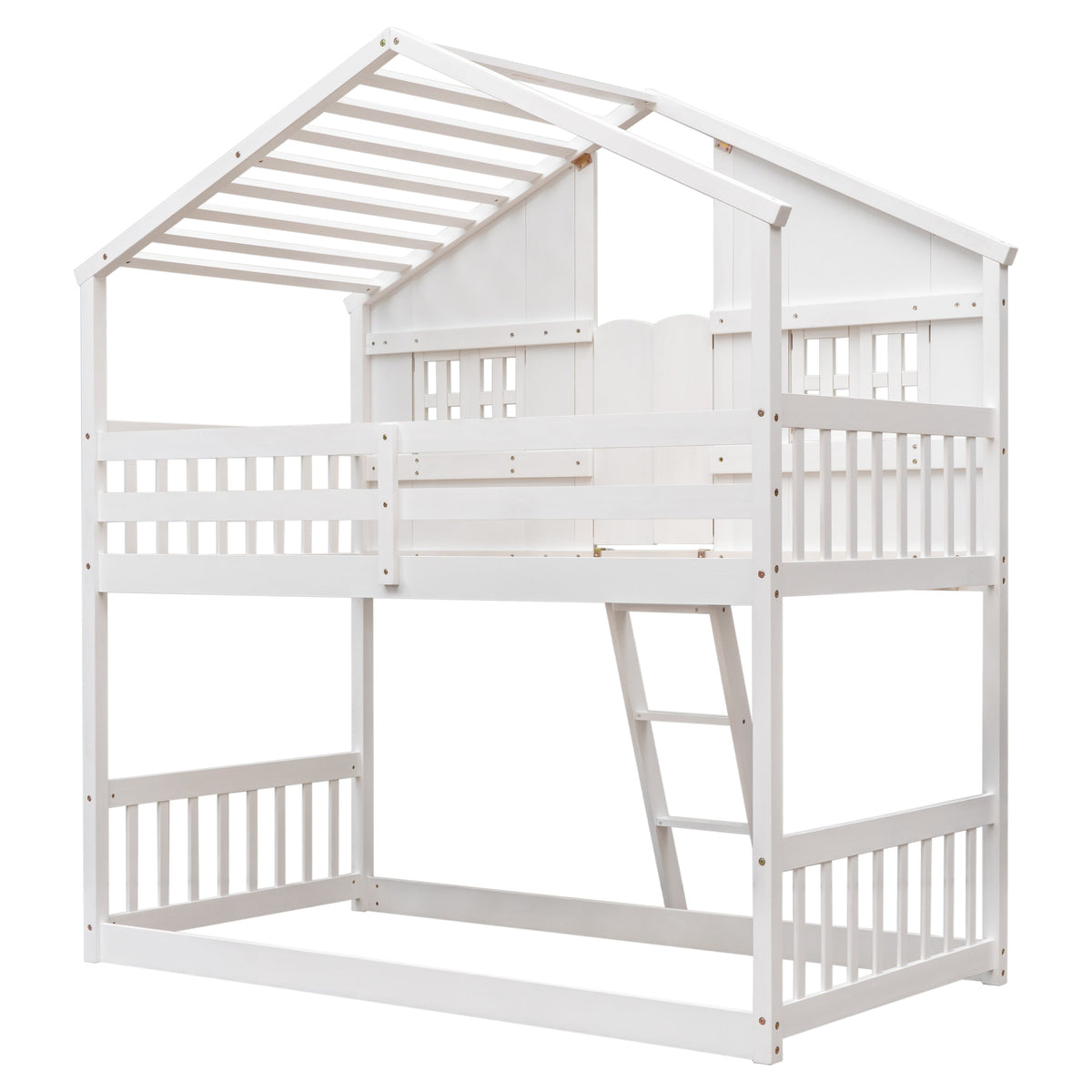 Twin Over Twin Playhouse Bunk Bed with Guardrails and Ladder