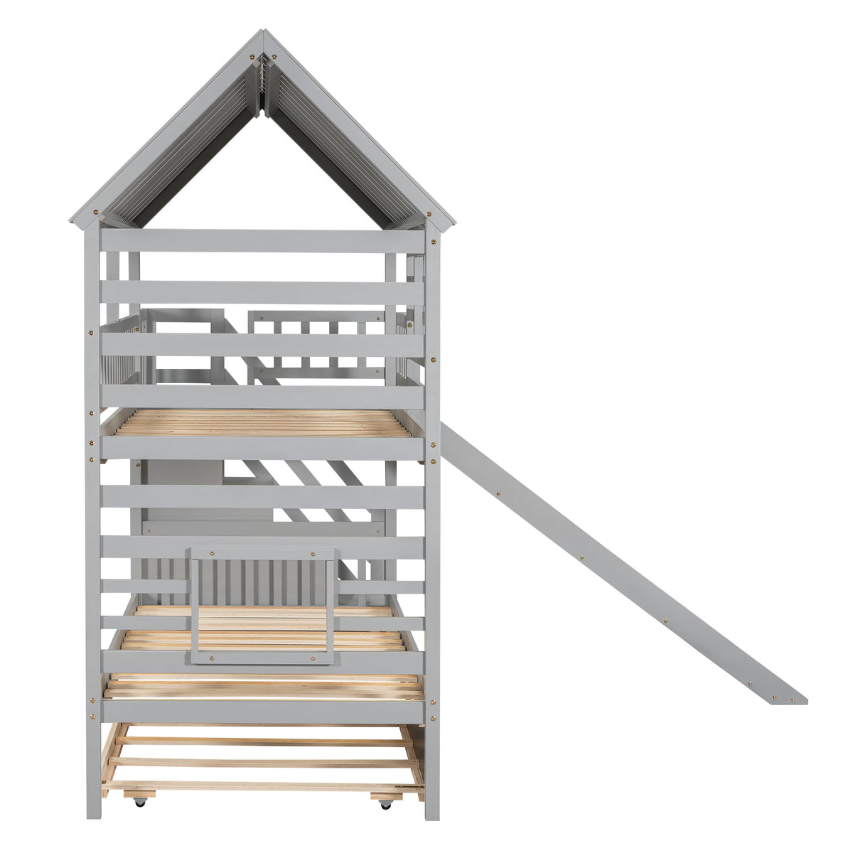 Twin Over Twin Bunk Bed with Slide and Trundle, Gray