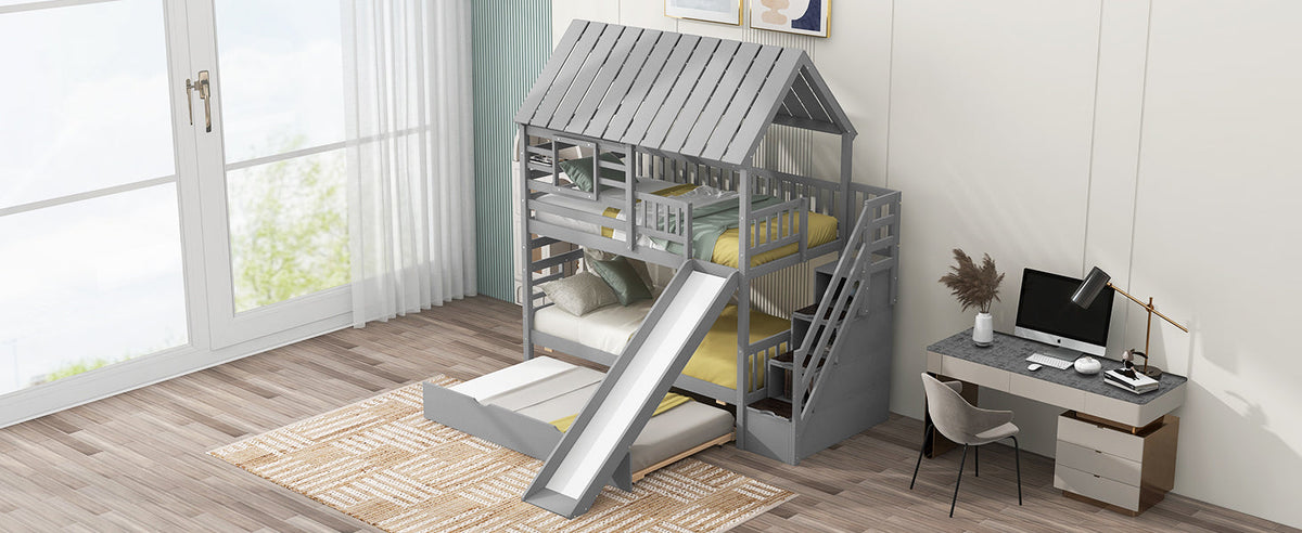Twin Over Twin Bunk Bed with Slide and Trundle, Gray