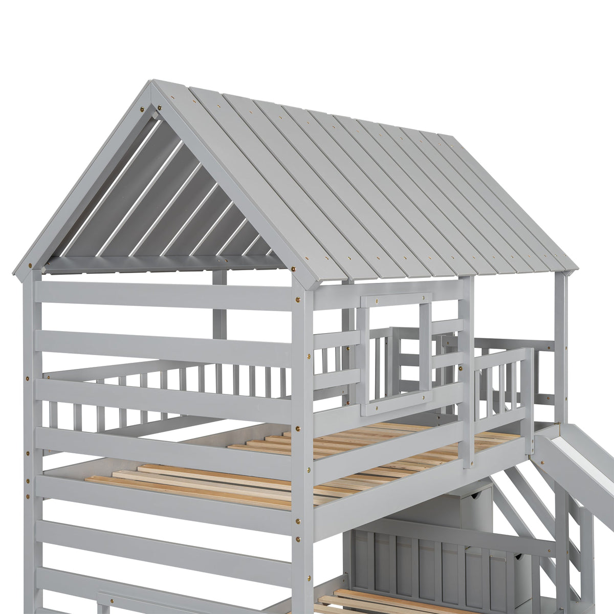 Twin Over Twin Bunk Bed with Slide and Trundle, Gray