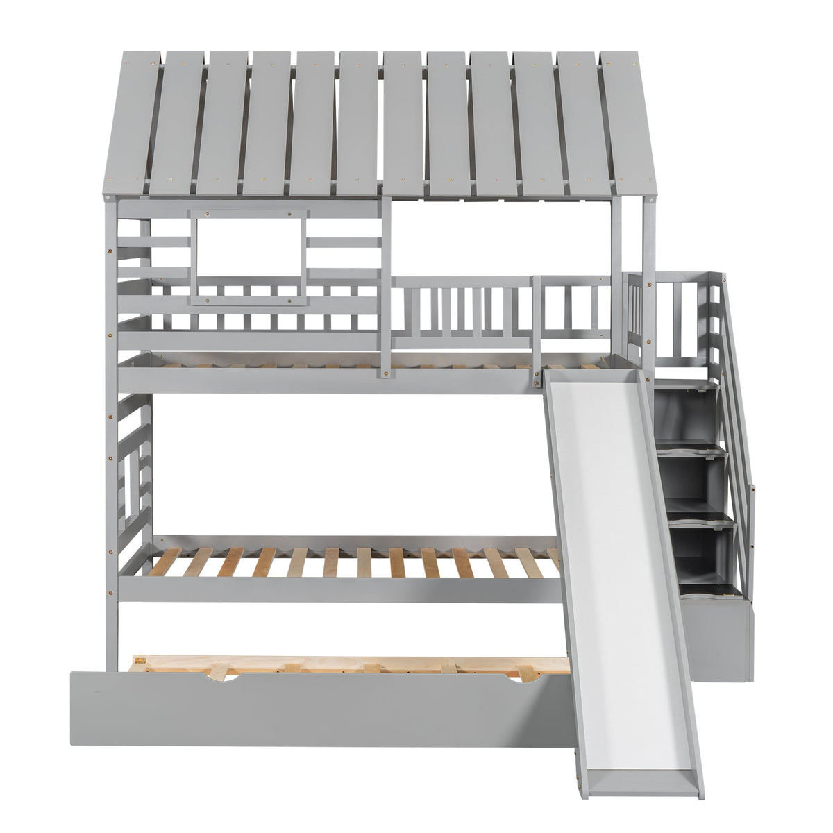 Twin Over Twin Bunk Bed with Slide and Trundle, Gray
