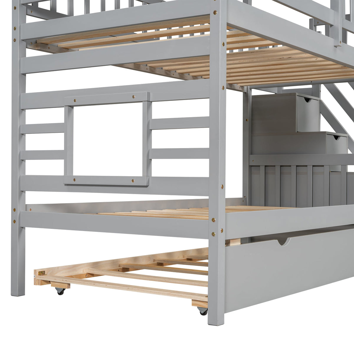 Twin Over Twin Bunk Bed with Slide and Trundle, Gray