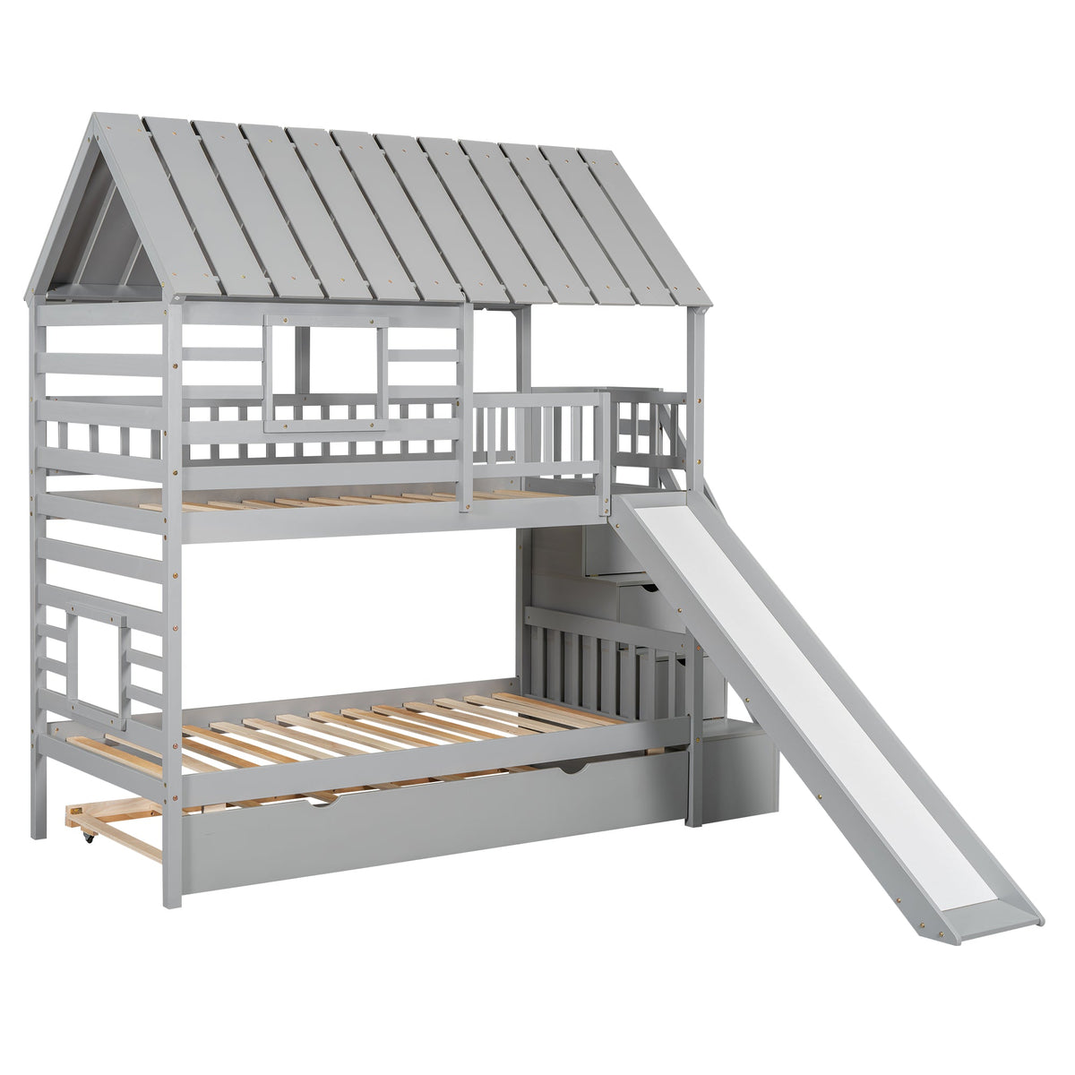 Twin Over Twin Bunk Bed with Slide and Trundle, Gray