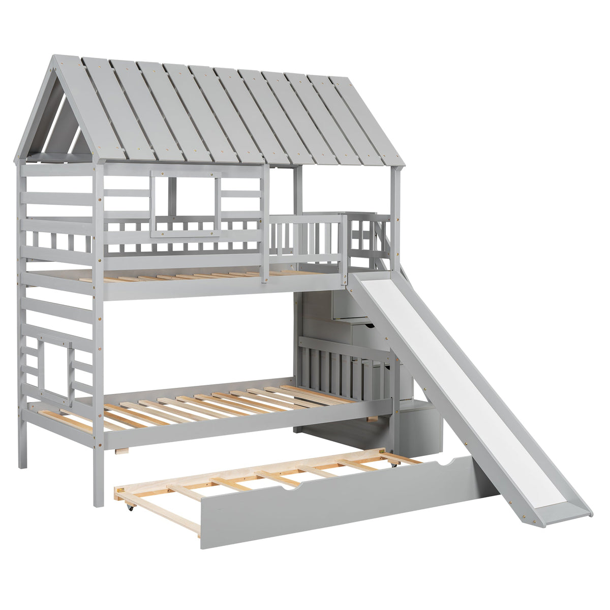 Twin Over Twin Bunk Bed with Slide and Trundle, Gray