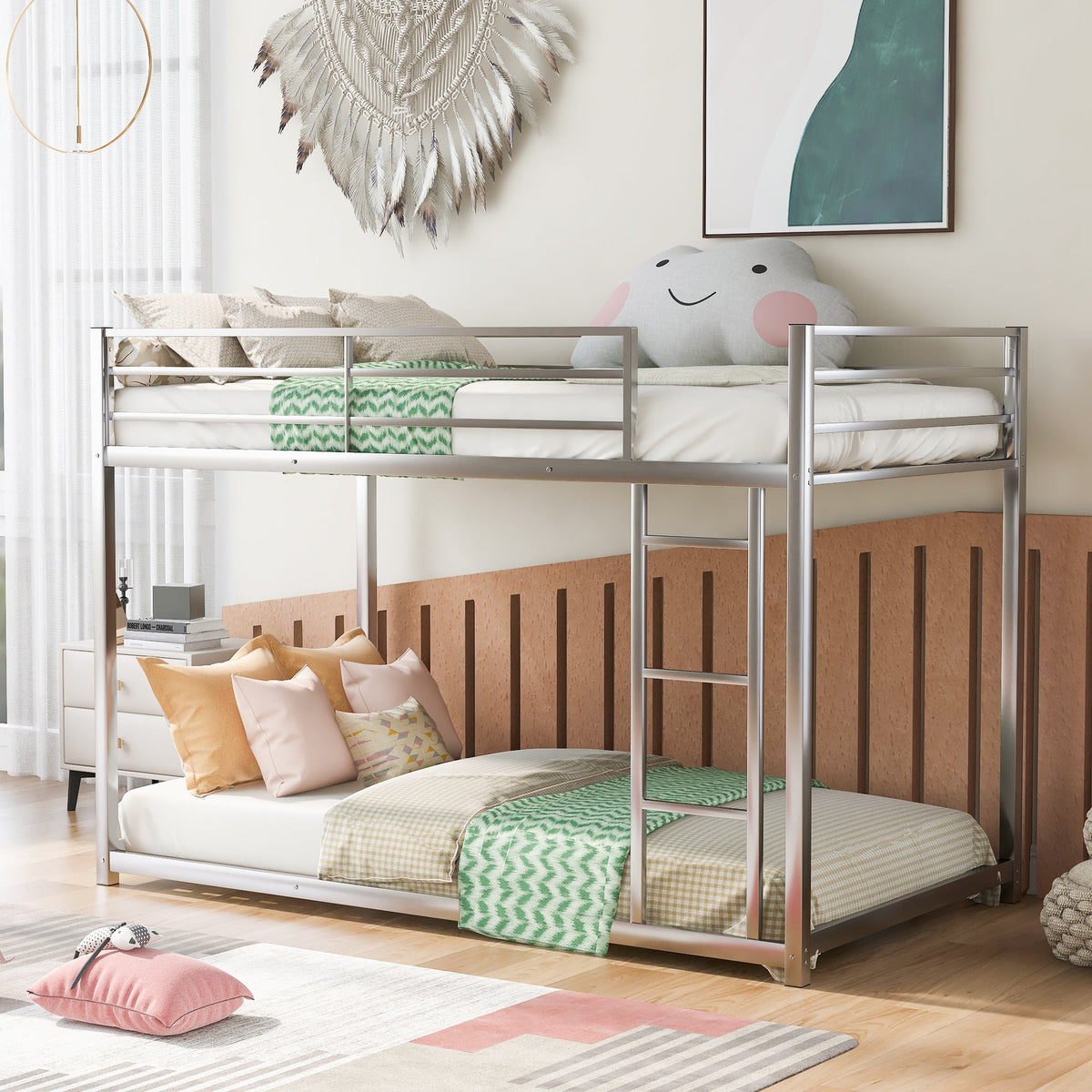 Twin Over Twin Metal Bunk Bed with Ladder & Guard Rails