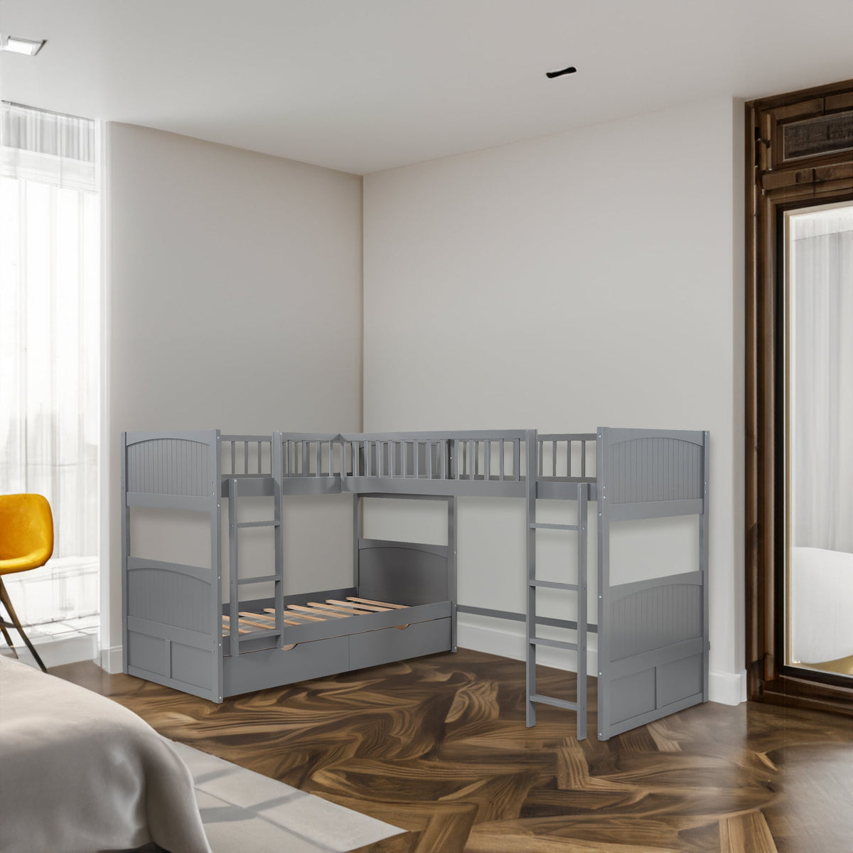 Gray Twin Bunk Bed with Loft and Under-Bed Drawers