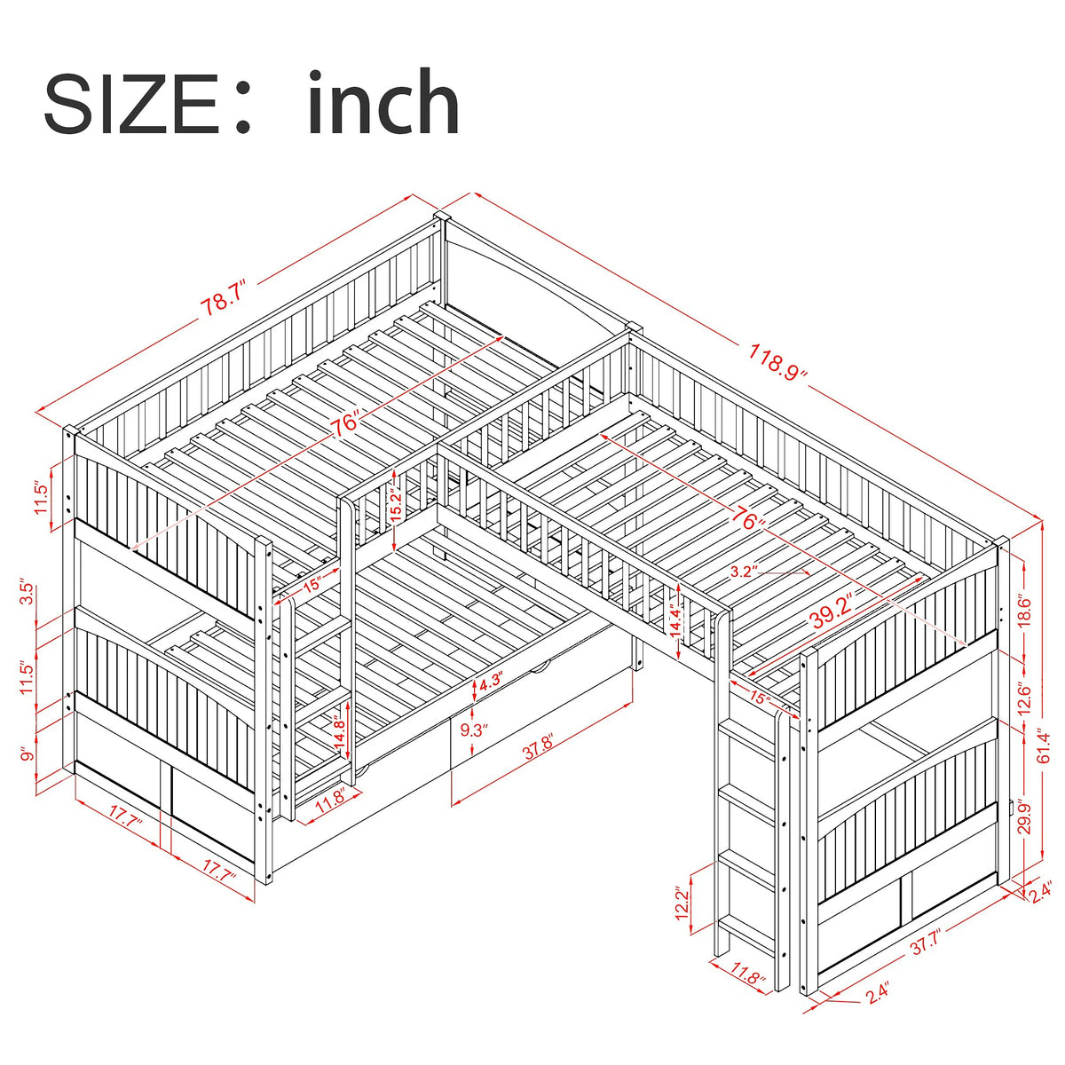 Gray Twin Bunk Bed with Loft and Under-Bed Drawers