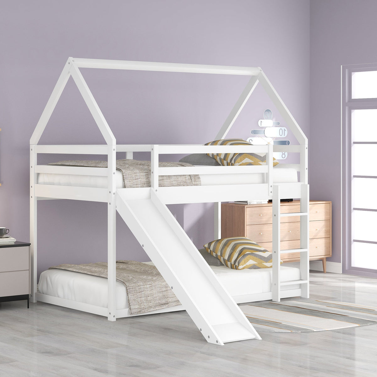 Twin House Bunk Bed with Slide and Ladder for Kids