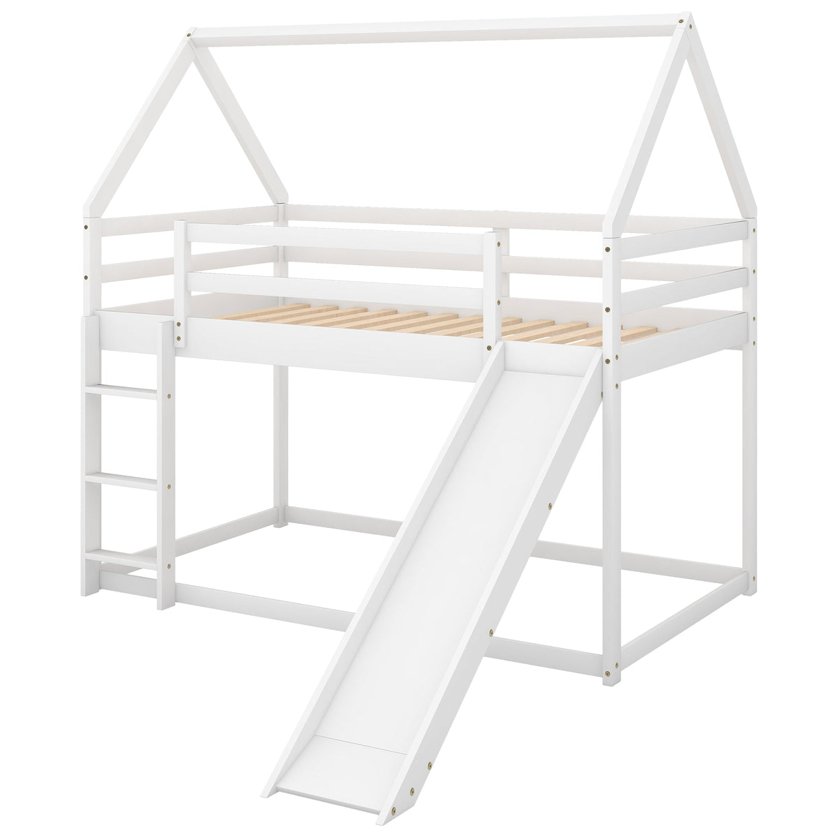 Twin House Bunk Bed with Slide and Ladder for Kids