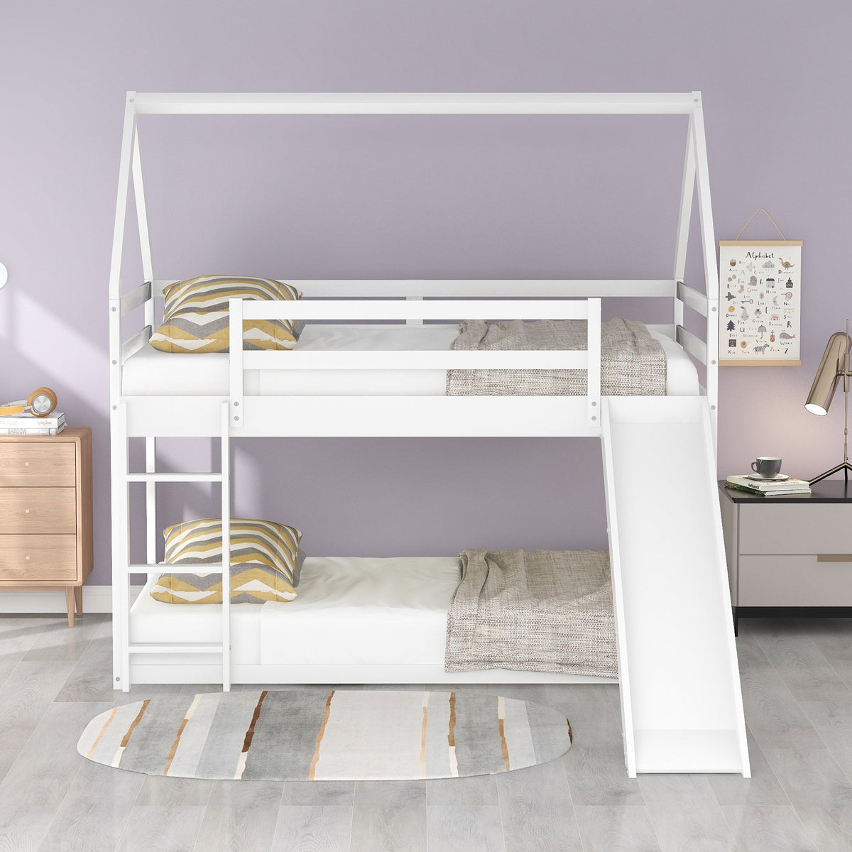 Twin House Bunk Bed with Slide and Ladder for Kids