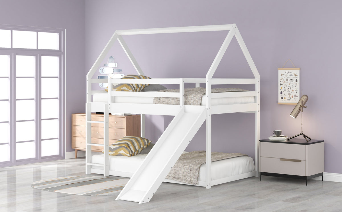Twin House Bunk Bed with Slide and Ladder for Kids