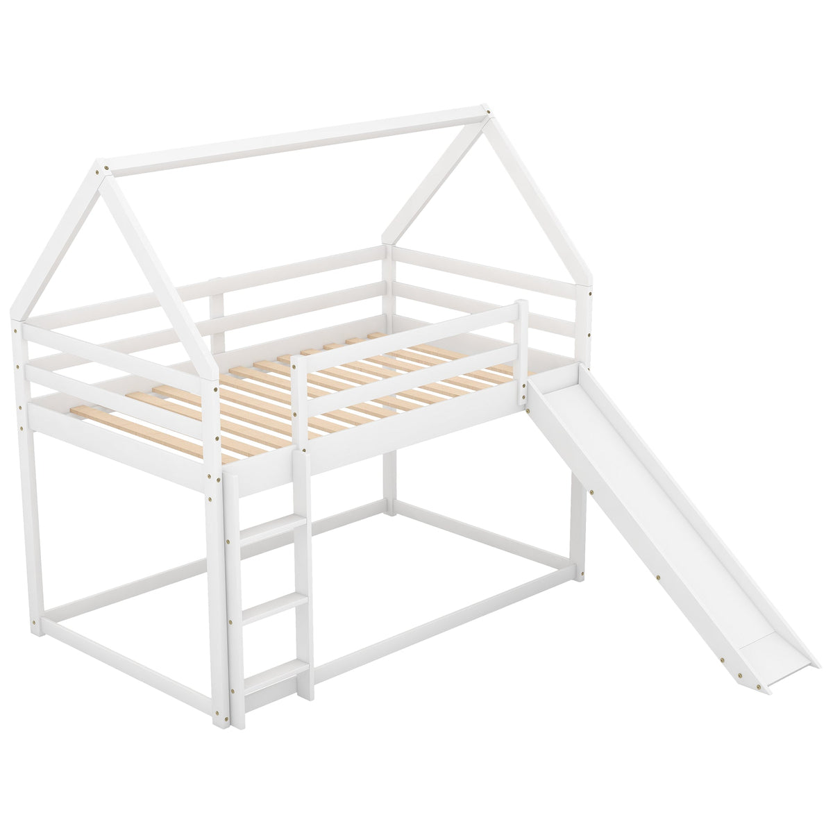 Twin House Bunk Bed with Slide and Ladder for Kids