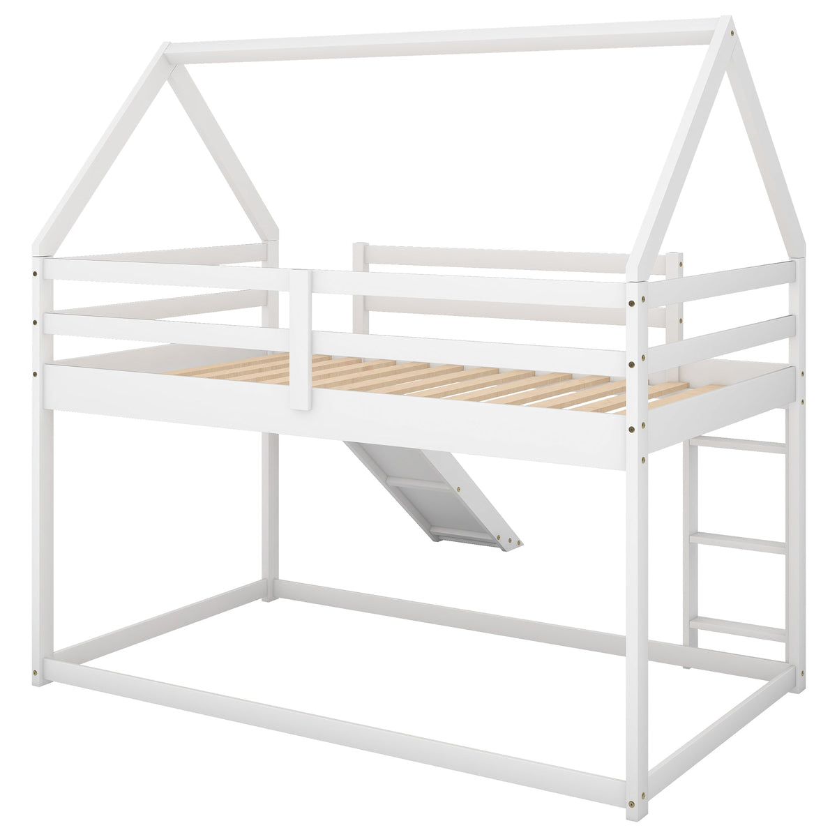 Twin House Bunk Bed with Slide and Ladder for Kids