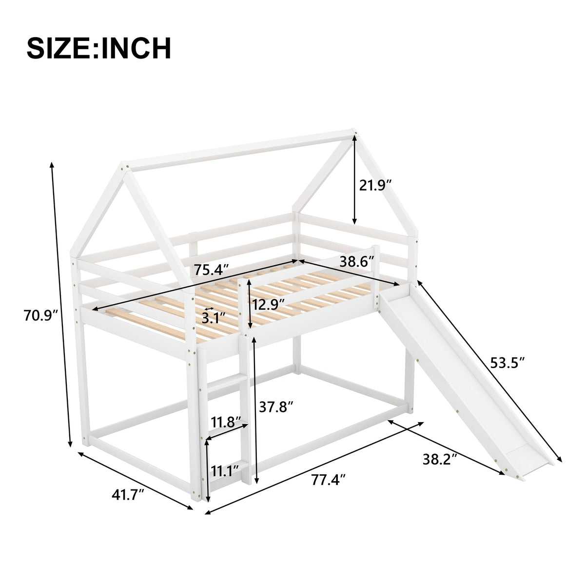 Twin House Bunk Bed with Slide and Ladder for Kids
