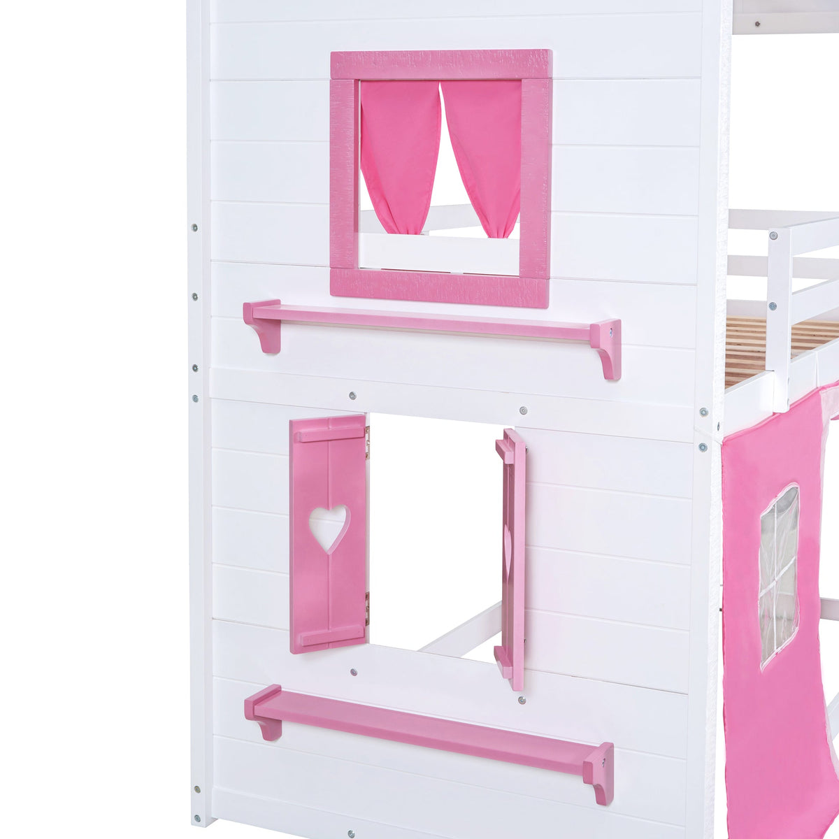 Pink Twin Bunk Bed House with Tent and Windows