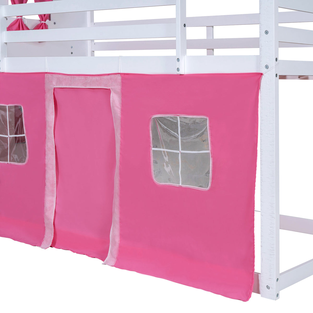 Pink Twin Bunk Bed House with Tent and Windows