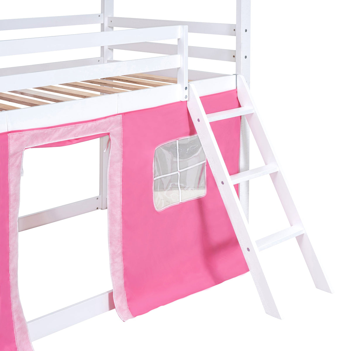 Pink Twin Bunk Bed House with Tent and Windows