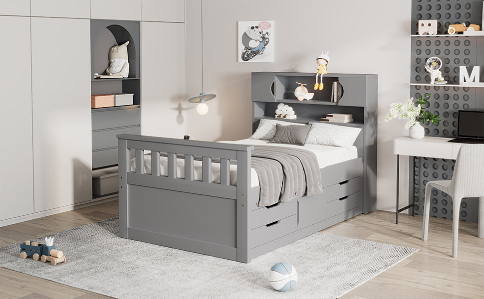 Twin Captain Platform Bed with Bookcase Headboard & Drawers