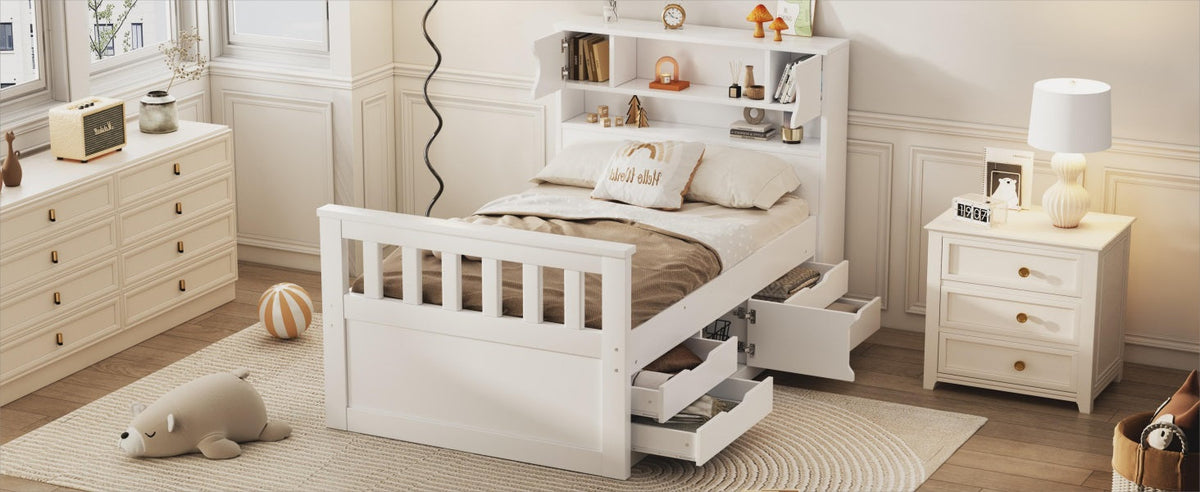 Twin Platform Bed with Bookcase Headboard and Drawers