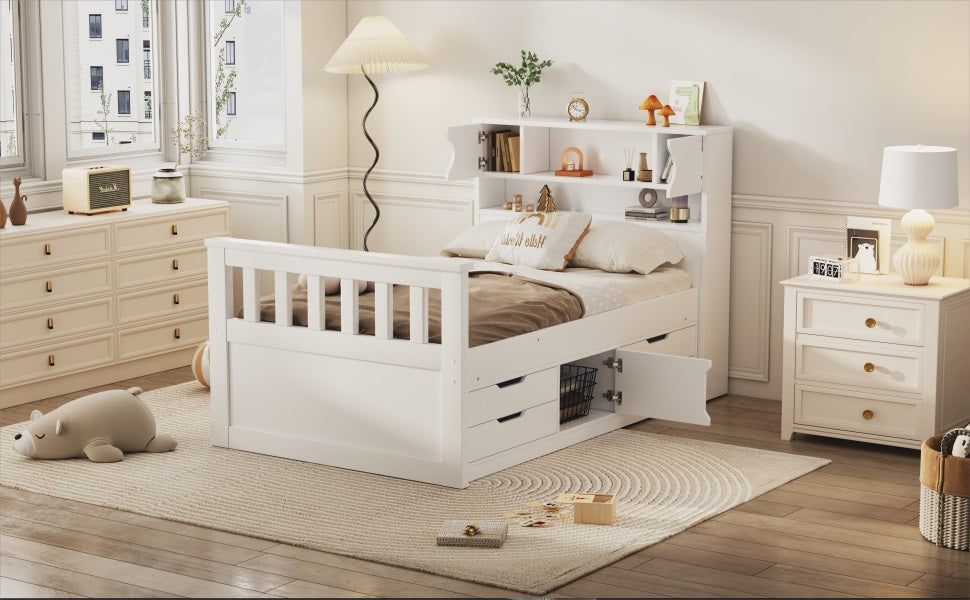 Twin Platform Bed with Bookcase Headboard and Drawers