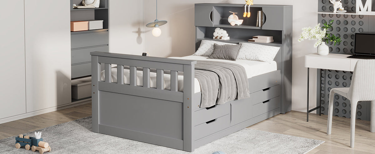 Twin Captain Platform Bed with Bookcase Headboard & Drawers