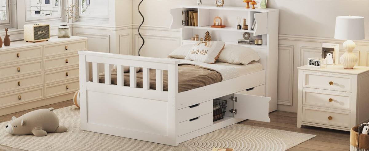 Twin Platform Bed with Bookcase Headboard and Drawers