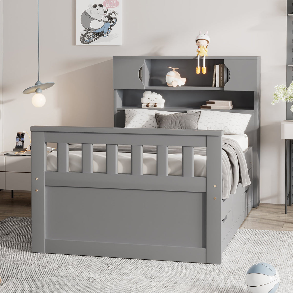 Twin Captain Platform Bed with Bookcase Headboard & Drawers