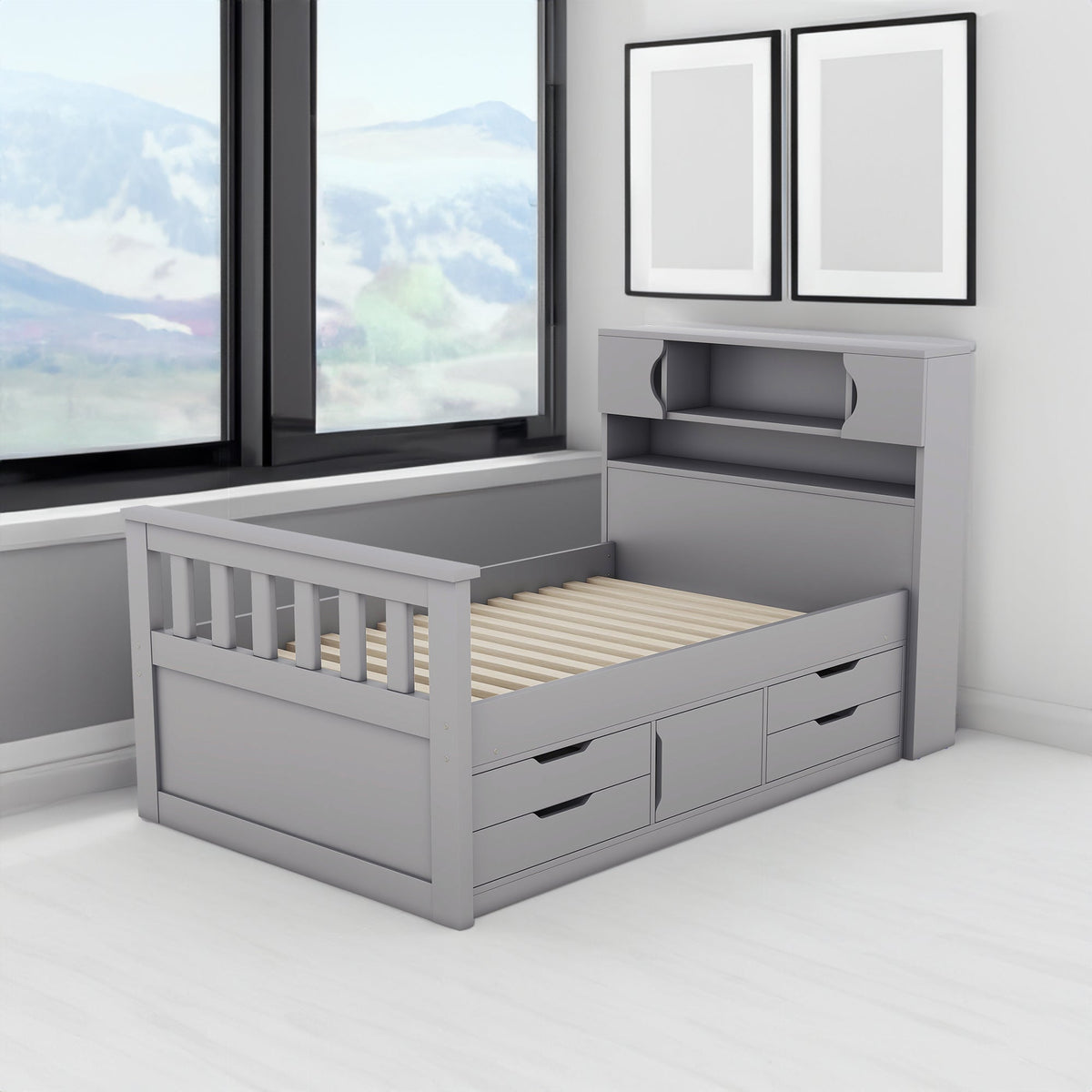Twin Captain Platform Bed with Bookcase Headboard & Drawers