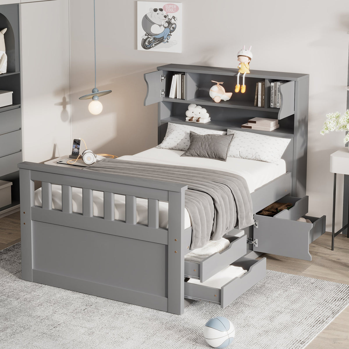 Twin Captain Platform Bed with Bookcase Headboard & Drawers