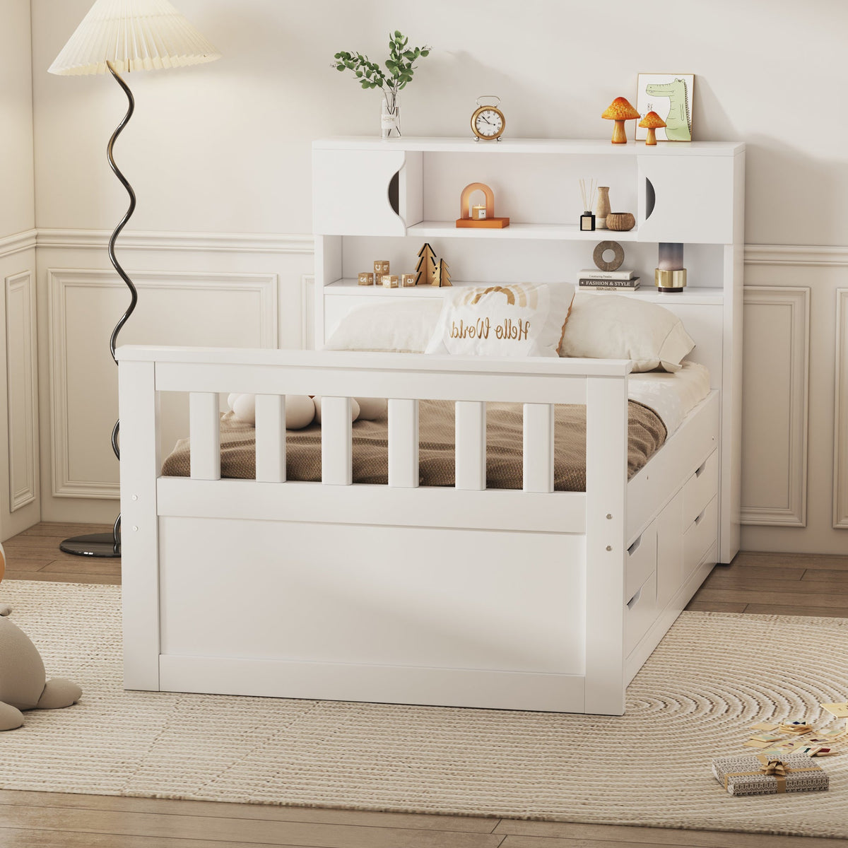 Twin Platform Bed with Bookcase Headboard and Drawers