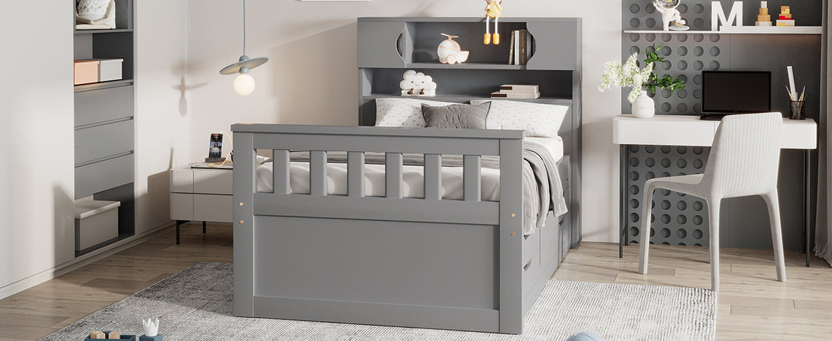 Twin Captain Platform Bed with Bookcase Headboard & Drawers