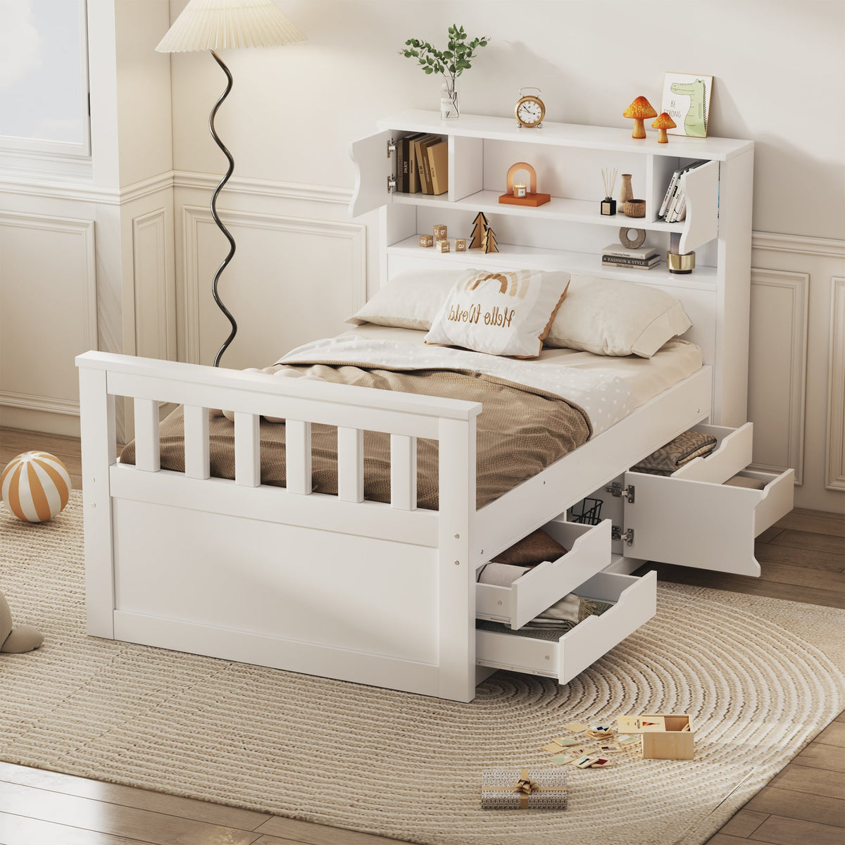 Twin Platform Bed with Bookcase Headboard and Drawers