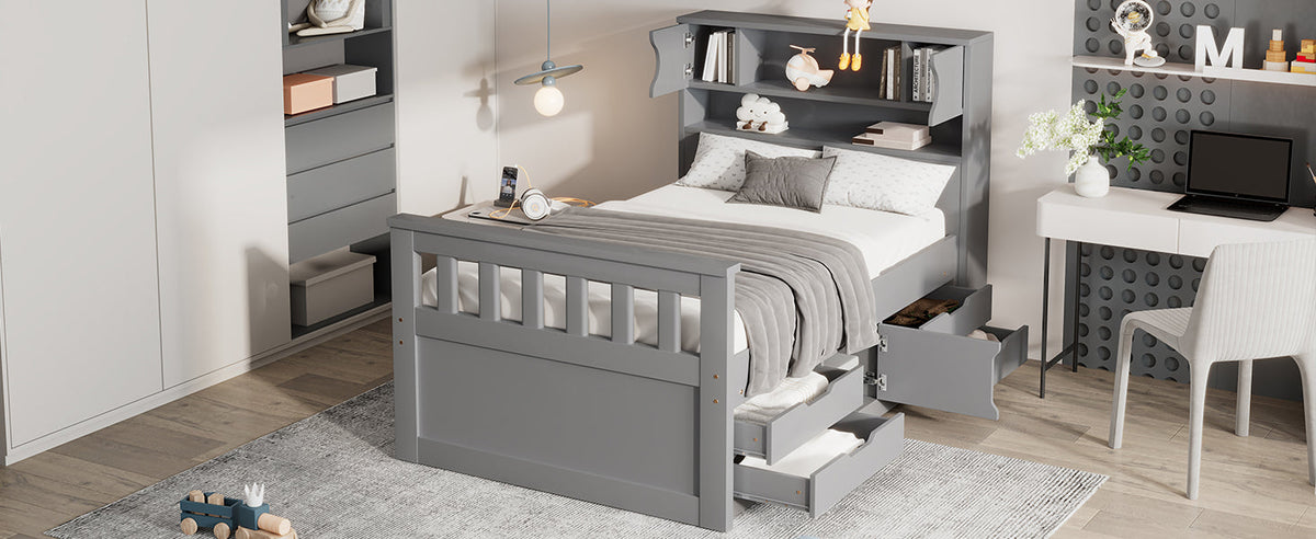 Twin Captain Platform Bed with Bookcase Headboard & Drawers