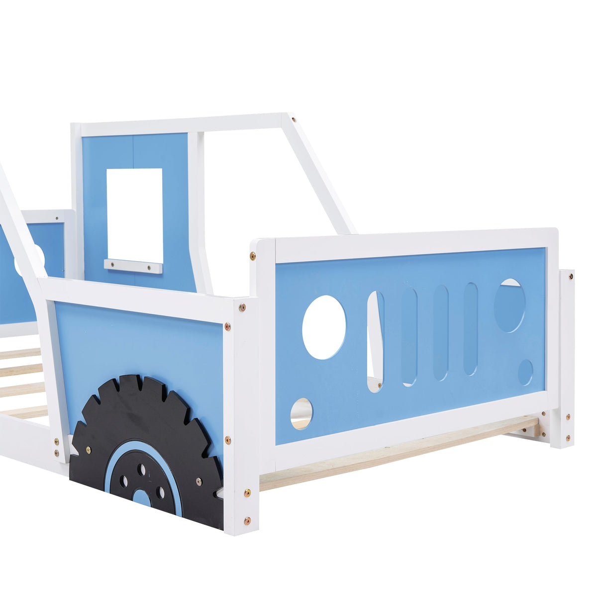 Twin Car Bed for Kids: Solid Wood Blue Vehicle Bed Frame