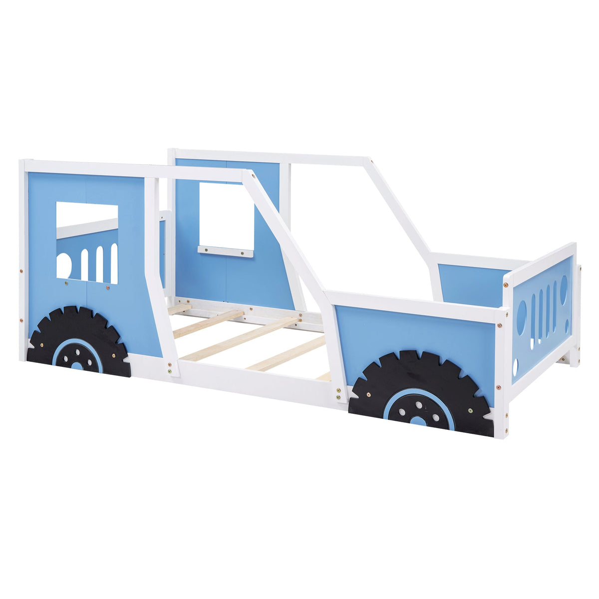 Twin Car Bed for Kids: Solid Wood Blue Vehicle Bed Frame