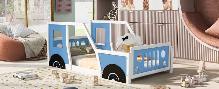 Twin Car Bed for Kids: Solid Wood Blue Vehicle Bed Frame