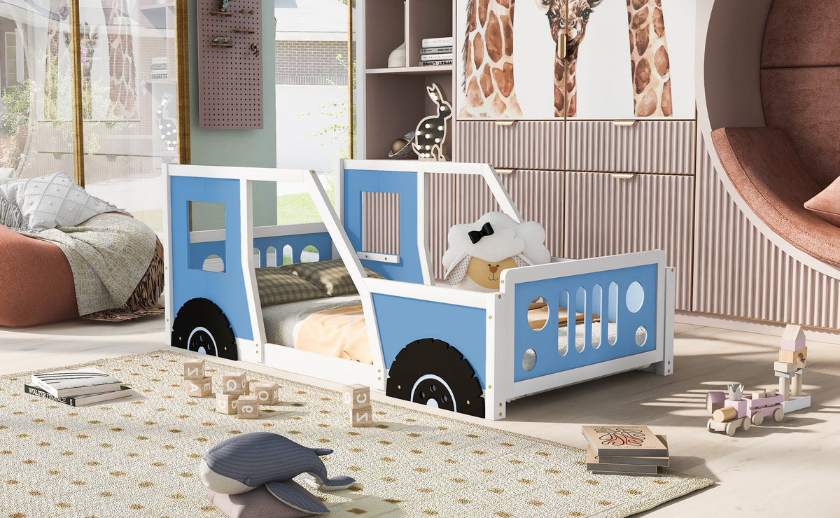Twin Car Bed for Kids: Solid Wood Blue Vehicle Bed Frame