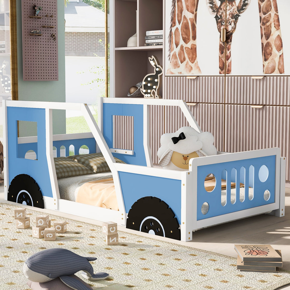 Twin Car Bed for Kids: Solid Wood Blue Vehicle Bed Frame