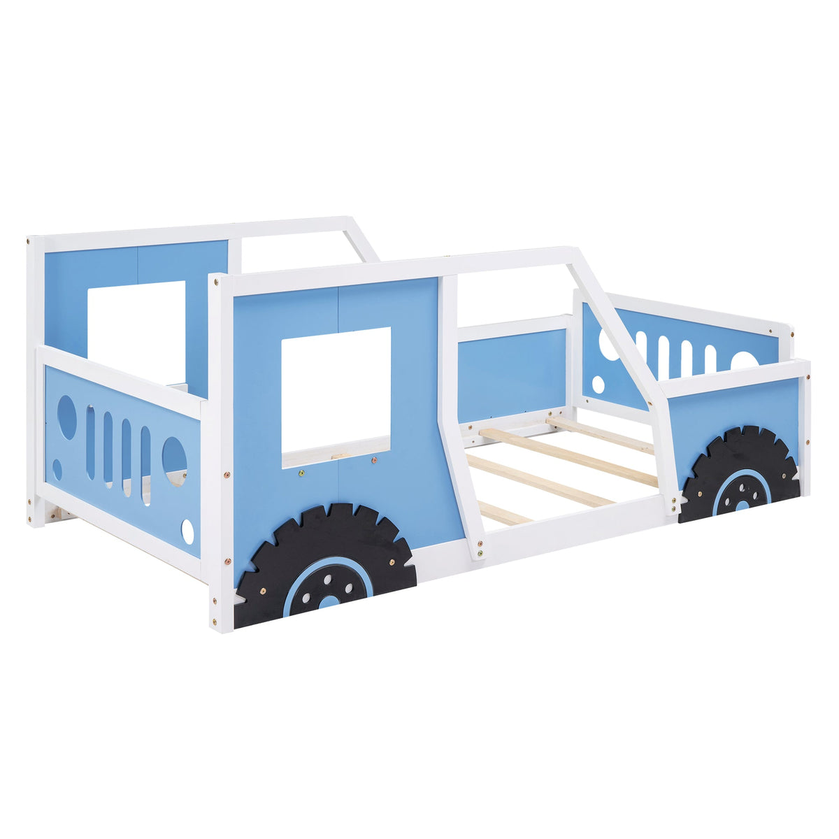 Twin Car Bed for Kids: Solid Wood Blue Vehicle Bed Frame