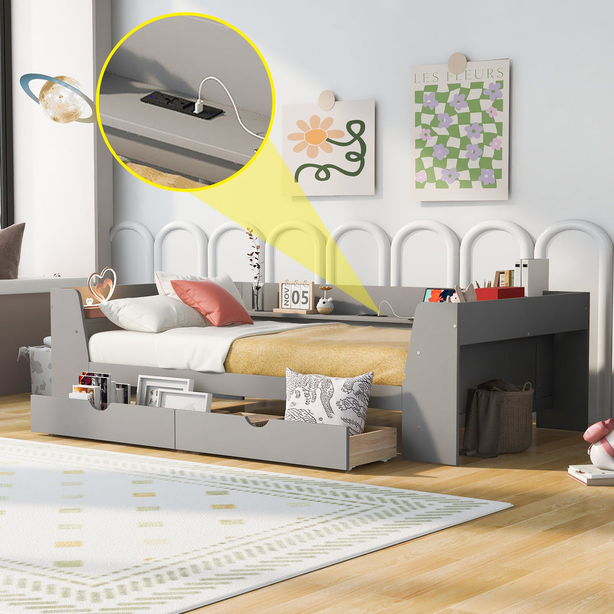 Twin Daybed with Drawers, Shelves & Charging Station