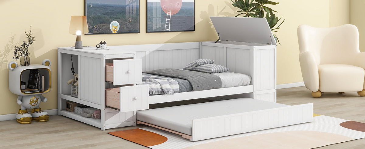 Twin Daybed with Trundle and Charging Station White