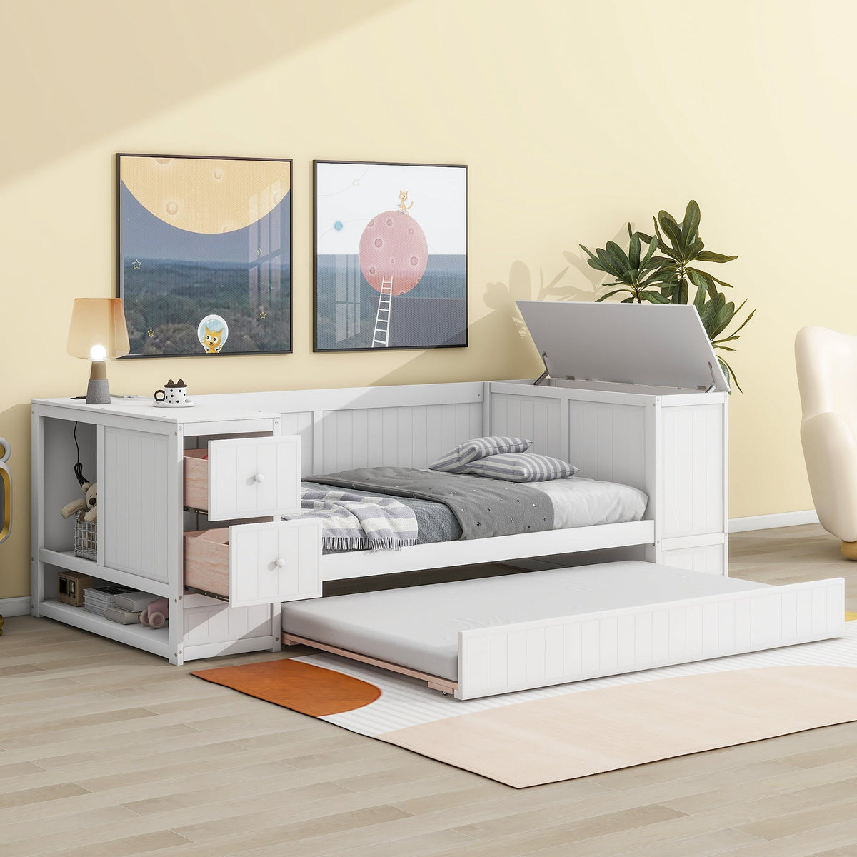 Twin Daybed with Trundle and Charging Station White