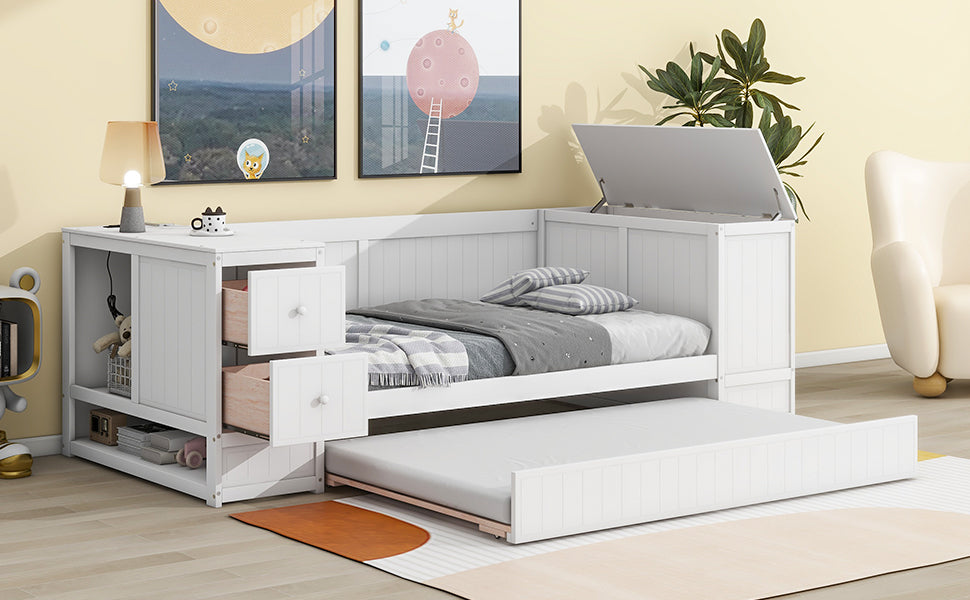 Twin Daybed with Trundle and Charging Station White