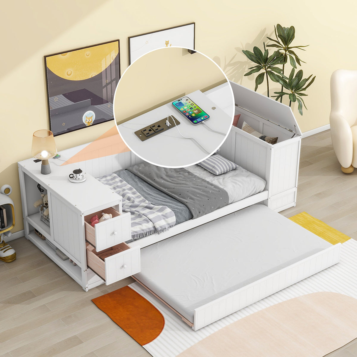 Twin Daybed with Trundle and Charging Station White