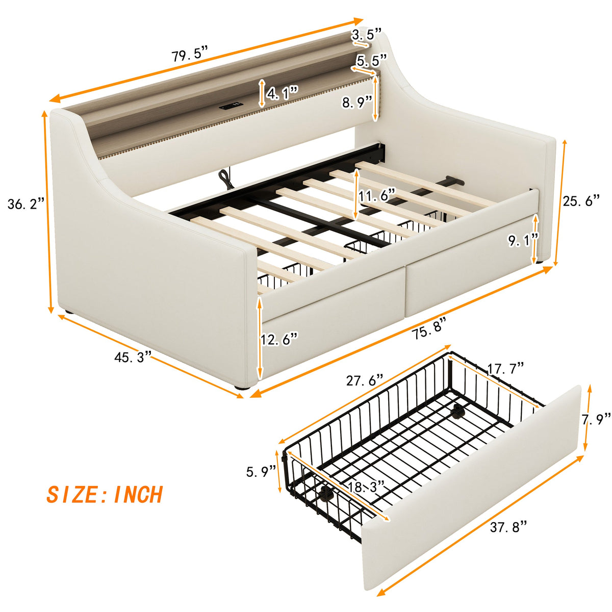 Twin Daybed with Storage Drawers and Charging Station