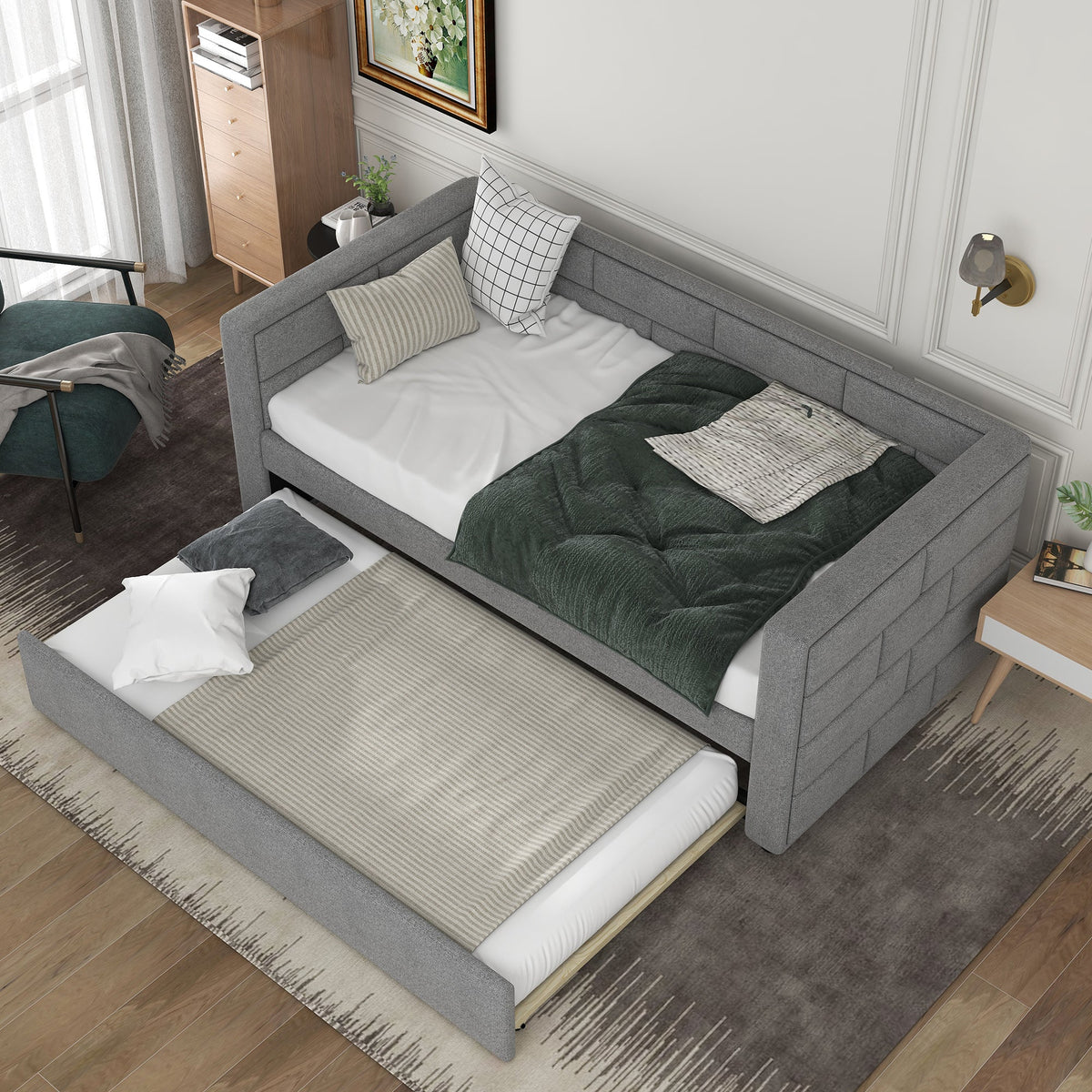 Gray Upholstered Twin Daybed with Pull-Out Trundle