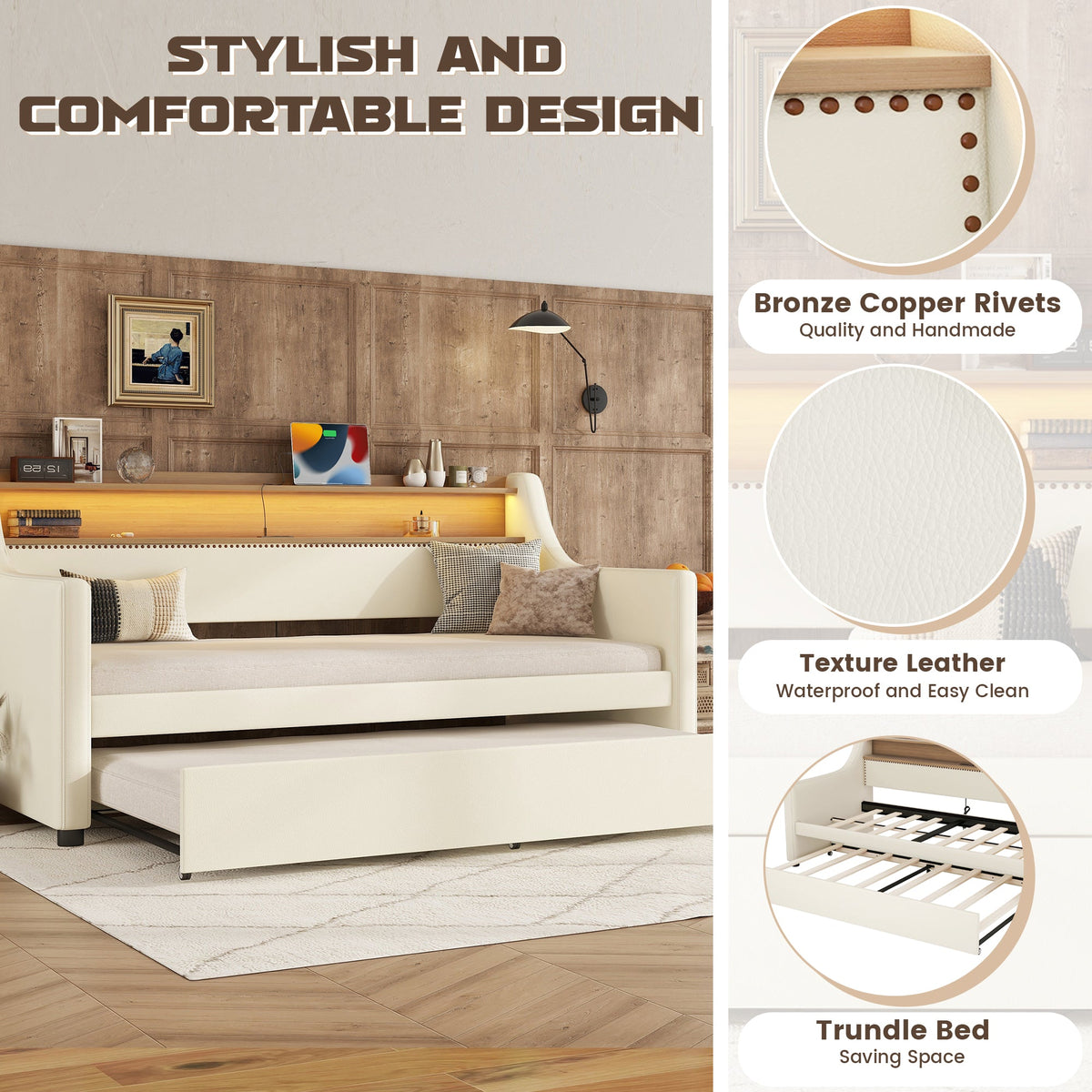 Twin Daybed with Trundle, Charging Shelf & LED Lights