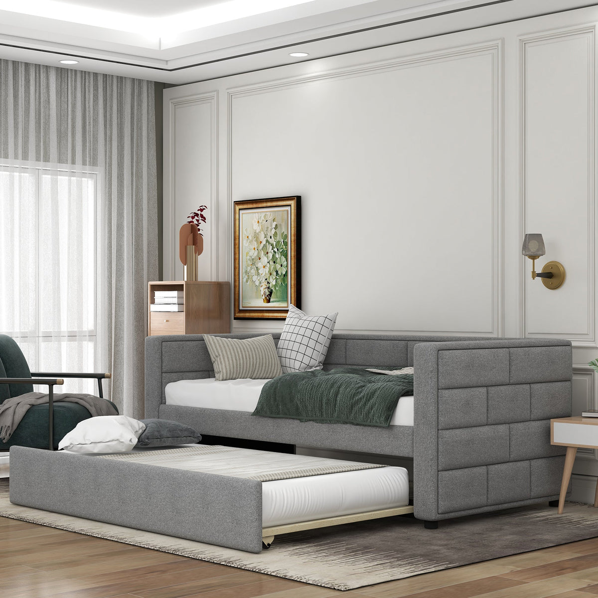 Gray Upholstered Twin Daybed with Pull-Out Trundle
