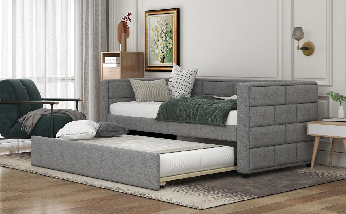 Gray Upholstered Twin Daybed with Pull-Out Trundle